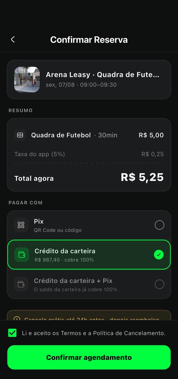 Tela do app iSoccer com a solicitação de reserva enviada