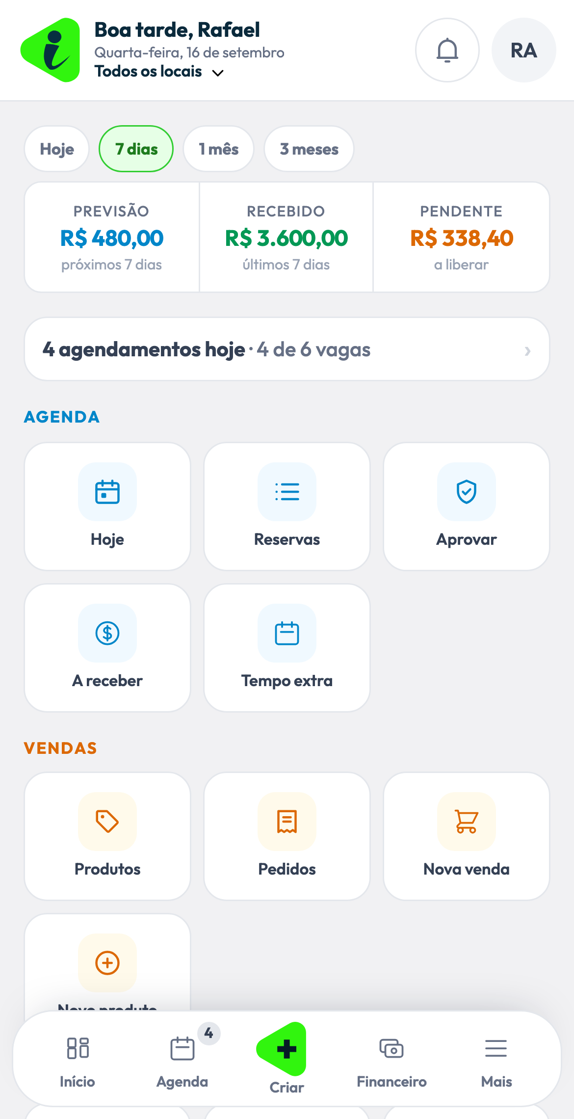 iSoccer Gestor no tema branco: resumo do dia e atalhos para administrar a quadra