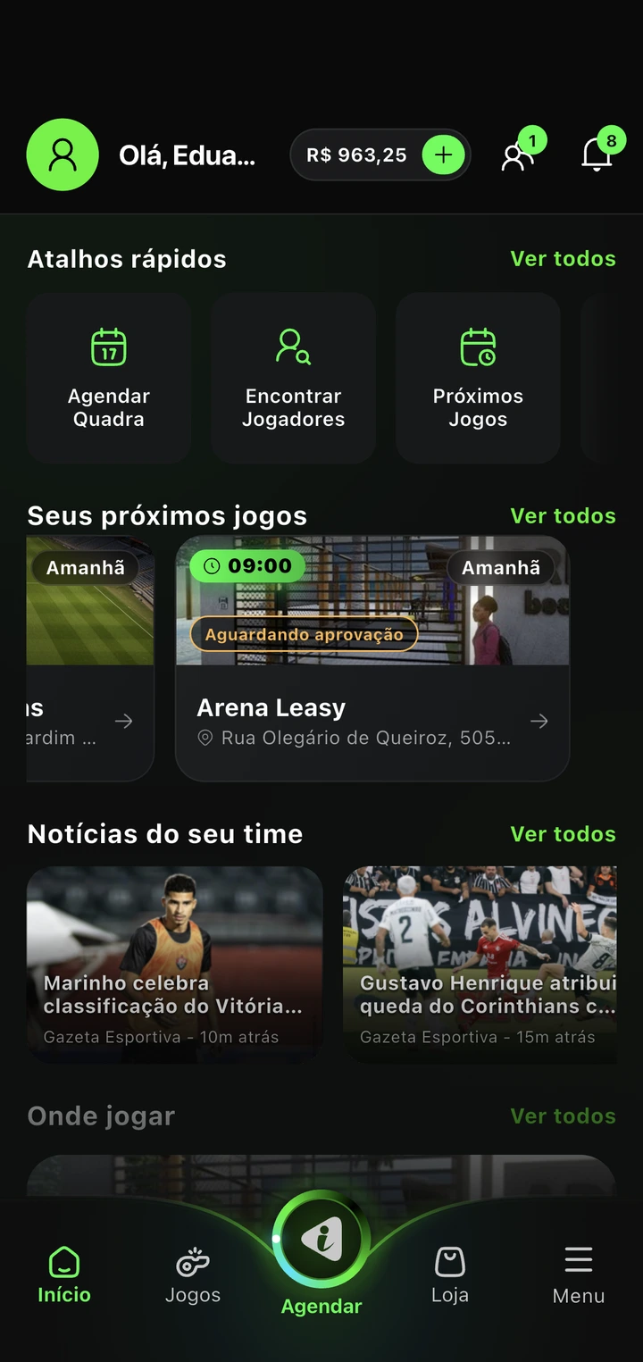 Tela inicial do app iSoccer: saldo da carteira, atalhos para agendar quadra e encontrar jogadores, próximos jogos e notícias do time Tela inicial do app iSoccer: saldo da carteira, atalhos para agendar quadra e encontrar jogadores, próximos jogos e notícias do time
