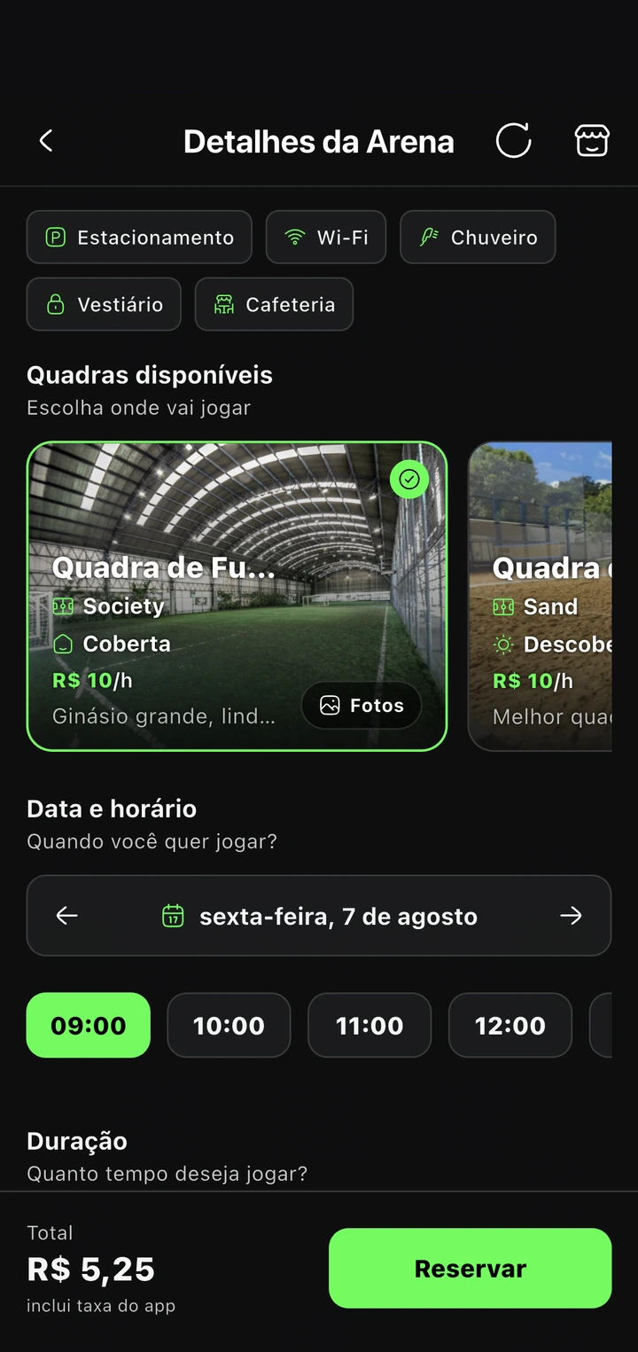 Tela do app iSoccer com a grade de horários disponíveis Tela do app iSoccer com a grade de horários disponíveis