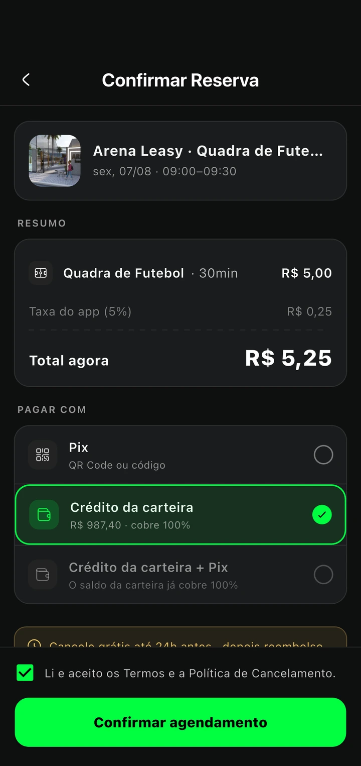 Tela do app iSoccer com a confirmação da reserva Tela do app iSoccer com a confirmação da reserva