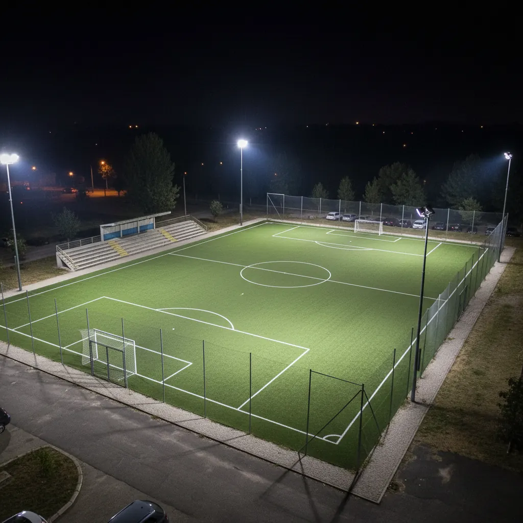 Quadra society de grama sintética iluminada por refletores à noite