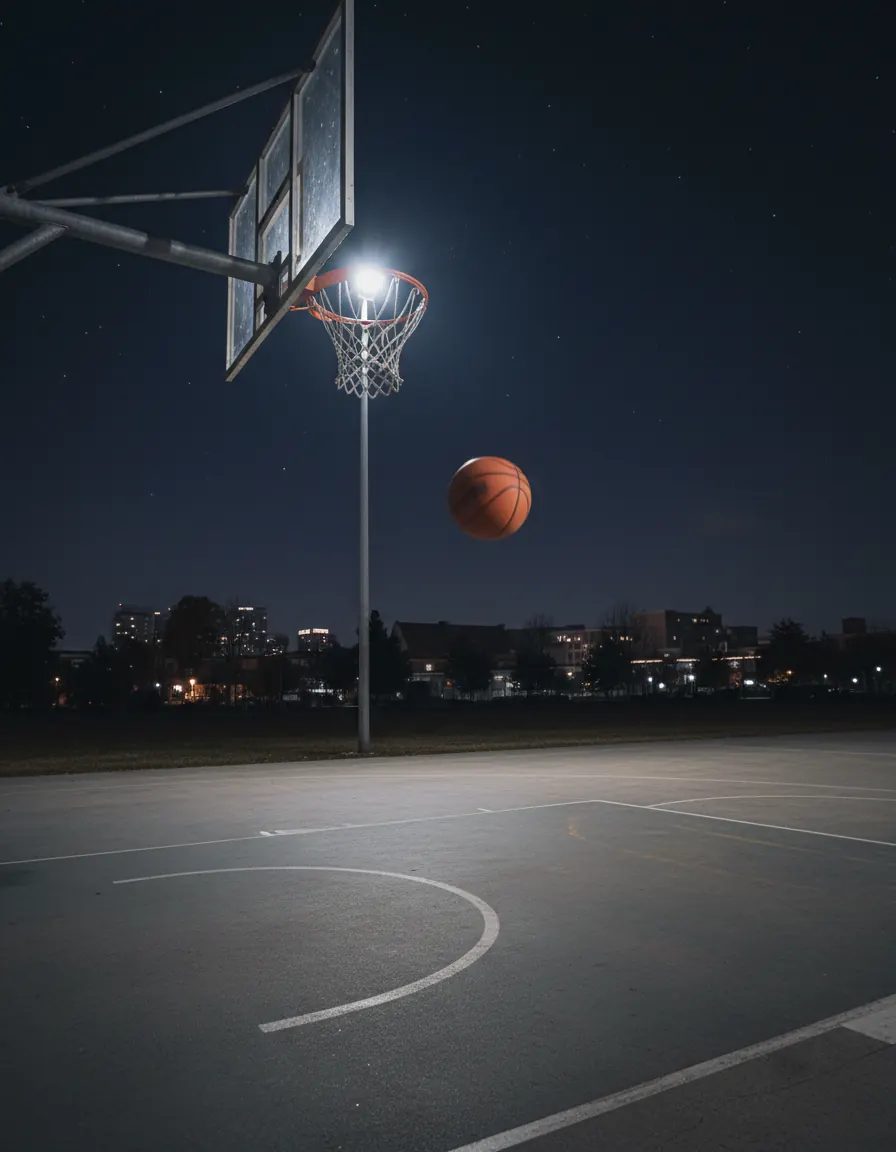 Quadra de basquete com tabela e aro iluminados à noite