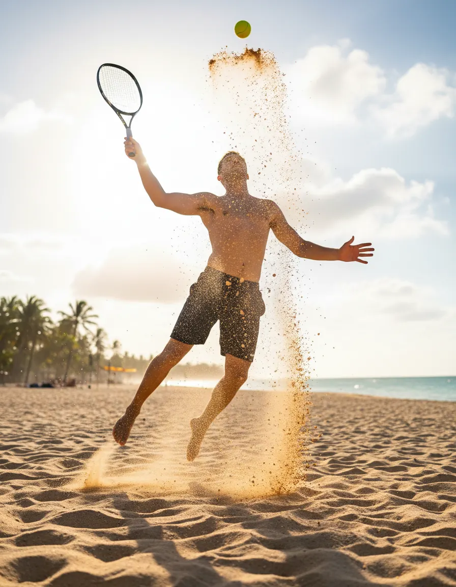Quadra de beach tennis de areia com a rede em primeiro plano