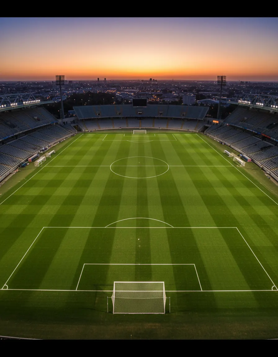 Campo de futebol gramado visto do alto ao entardecer