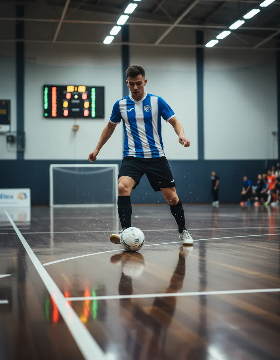 Quadra de futsal coberta, com piso de madeira e marcação branca
