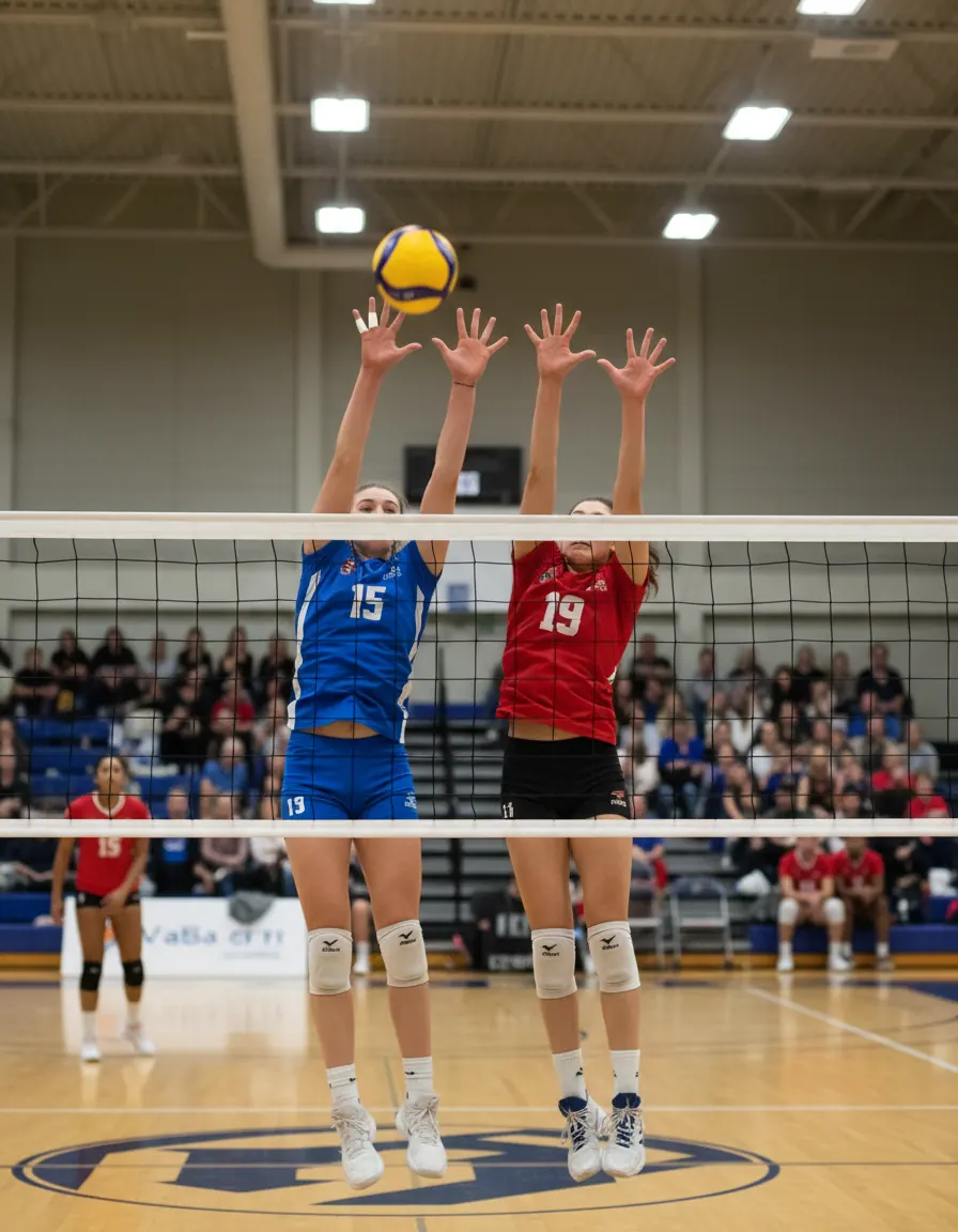 Quadra de vôlei com rede alta e marcação de fundo